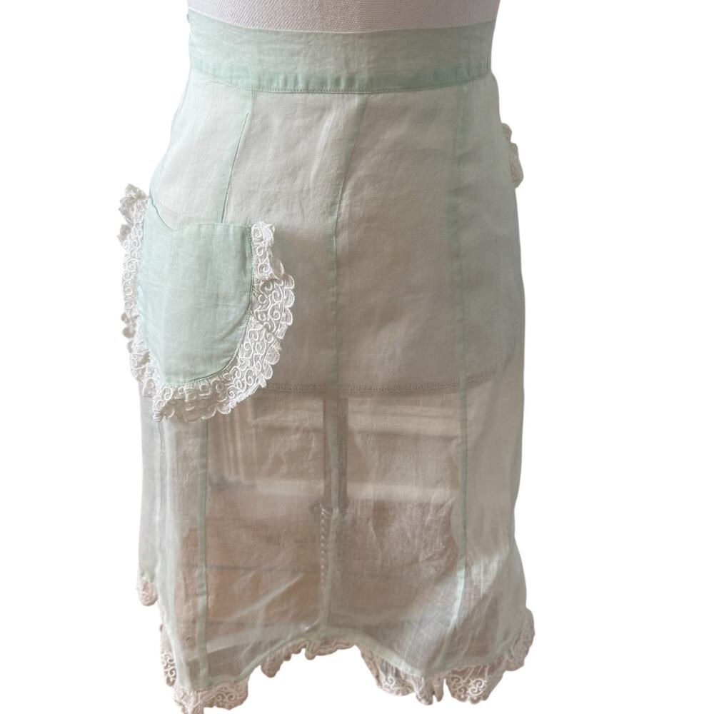 Vintage 60s Sheer Half Apron Organza Lace Trim Mint Green